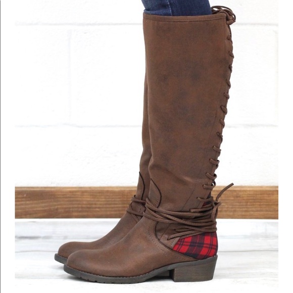 Brown/Red Plaid Corset Lace Up Knee High Boots - Picture 6 of 8